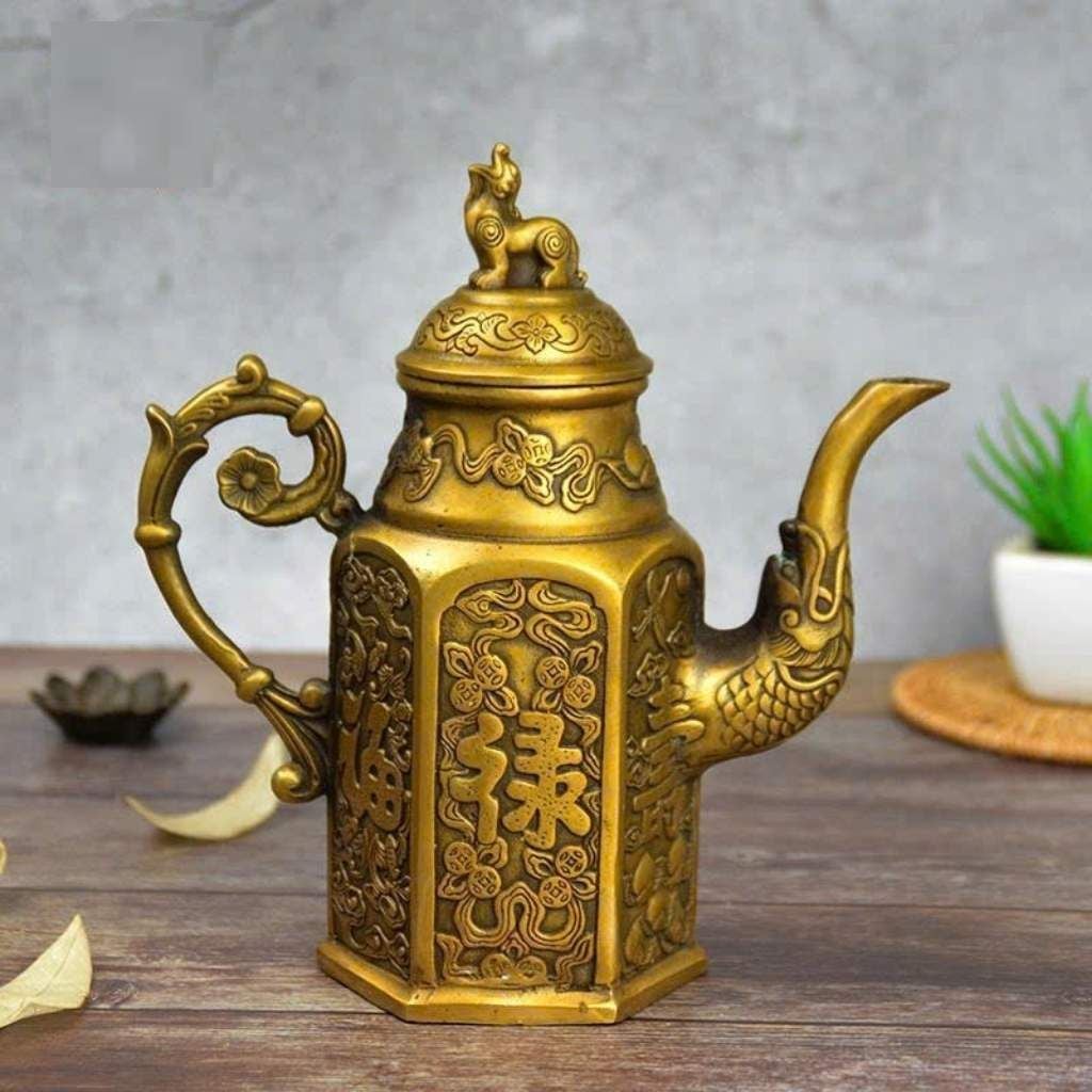  Ấm Trà Đồng Lục Giác Chạm Khắc Phúc Lộc Thọ Nắp Nghê Sưu Tầm BKMECN-10286 
