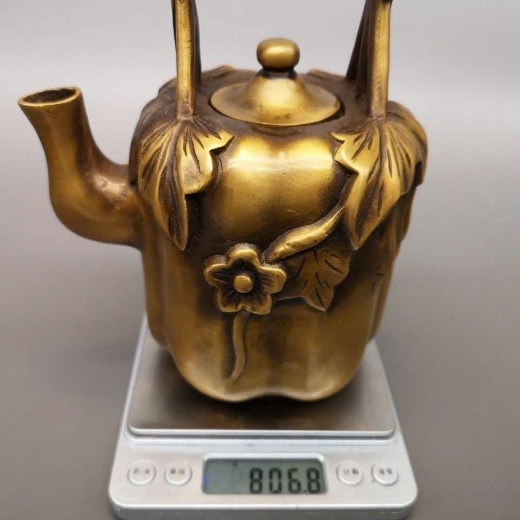  Ấm Trà Bằng Đồng Dáng Quả Bí Quai Xách Chạm Nổi Hoa Mai Sưu Tầm BKMECN-10290 