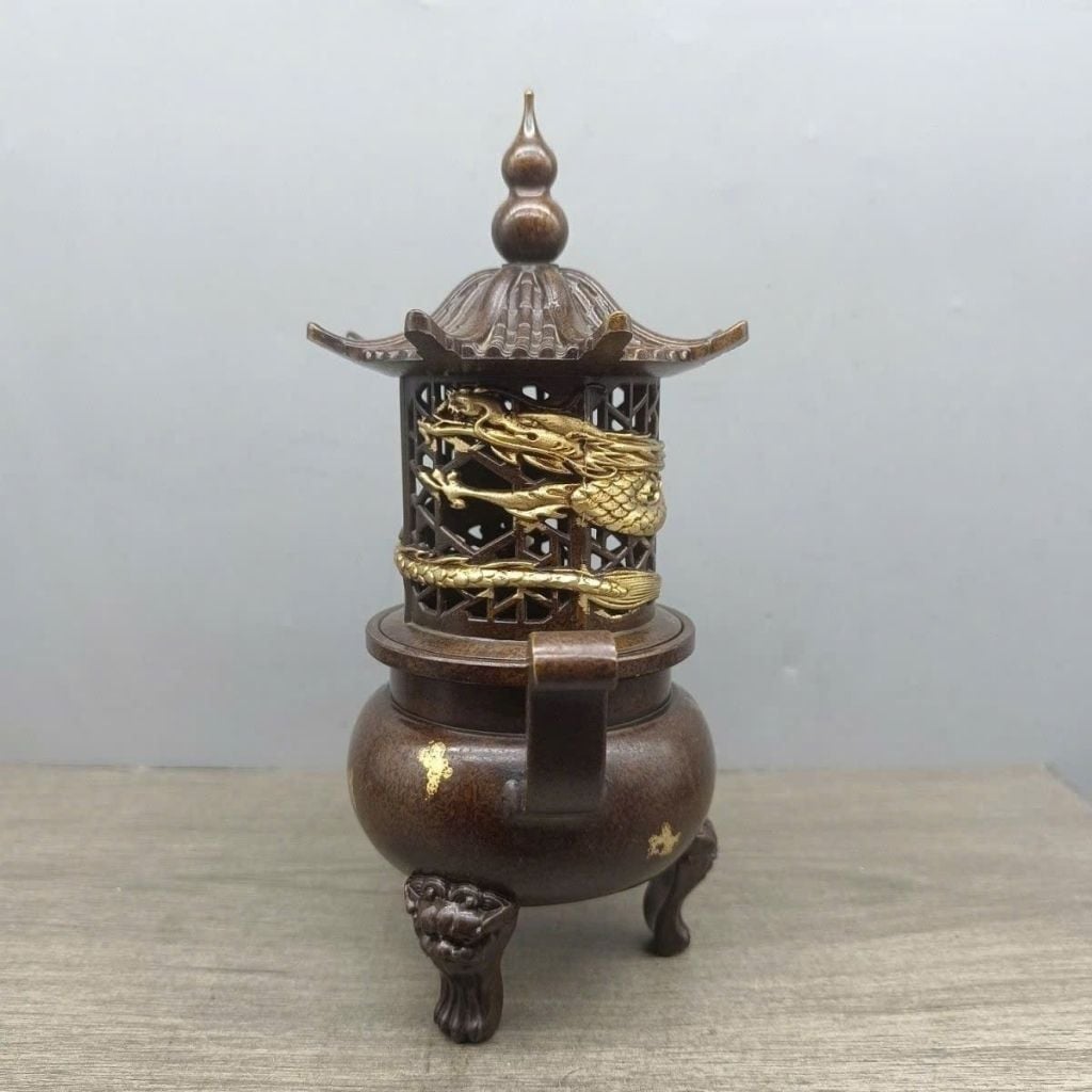  Lư Đốt Trầm Đồng Dáng Tháp Rồng Vàng Hun Cổ BKMECN-10292 