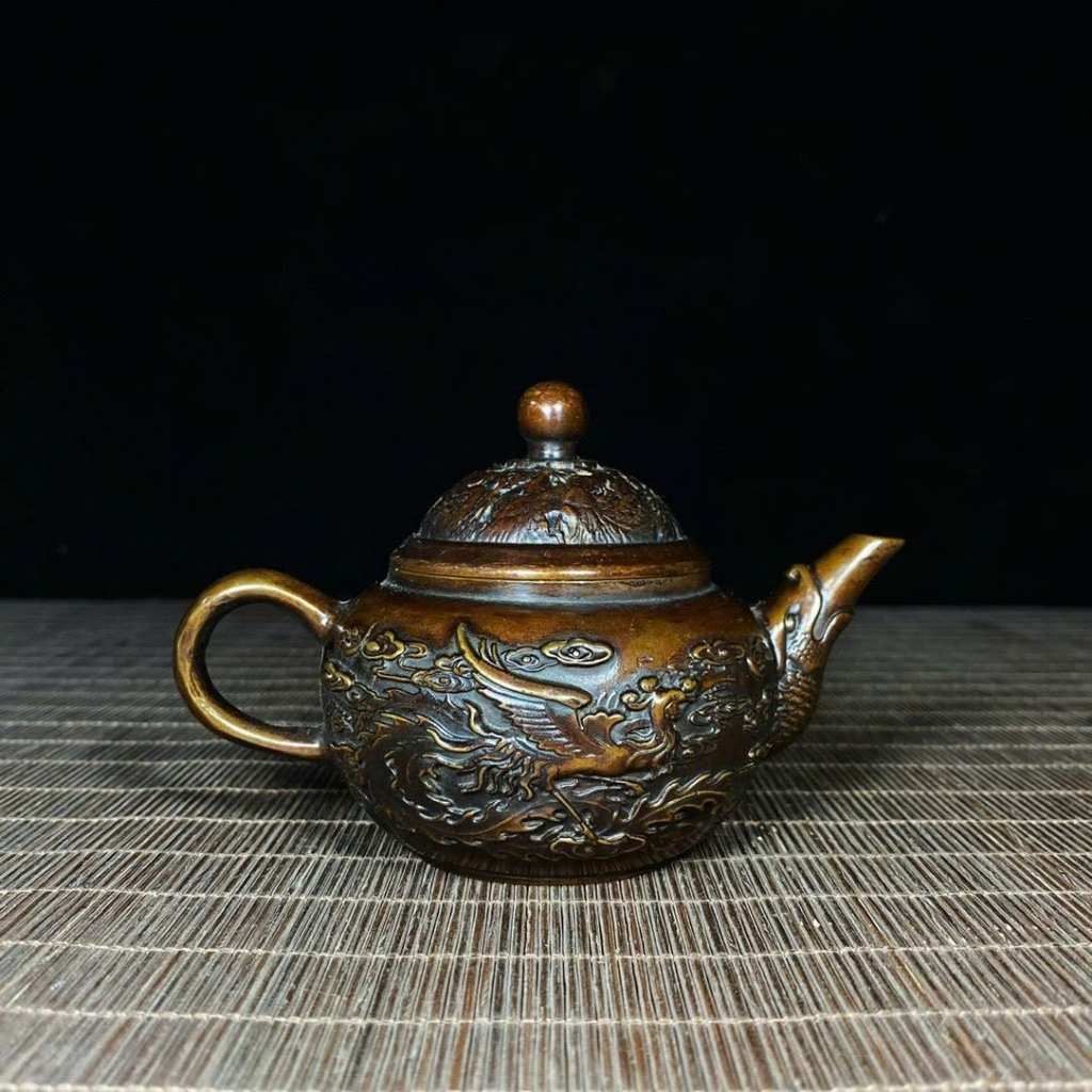 Ấm Trà Đồng Đỏ Chạm Rồng Vờn Mây Giả Cổ Sưu Tầm BKMECN-10303 