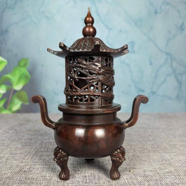  Lư Xông Trầm Bằng Đồng Hình Tháp Lầu Chạm Rồng Cổ Sưu Tầm BKMECN-10307 
