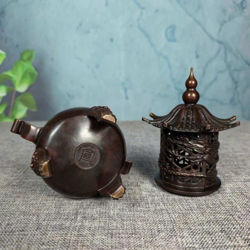  Lư Xông Trầm Bằng Đồng Hình Tháp Lầu Chạm Rồng Cổ Sưu Tầm BKMECN-10307 