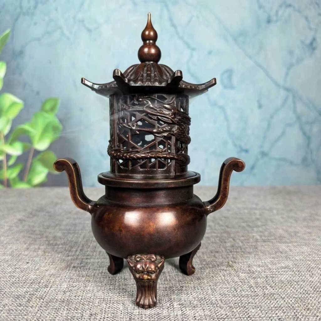  Lư Xông Trầm Bằng Đồng Hình Tháp Lầu Chạm Rồng Cổ Sưu Tầm BKMECN-10307 