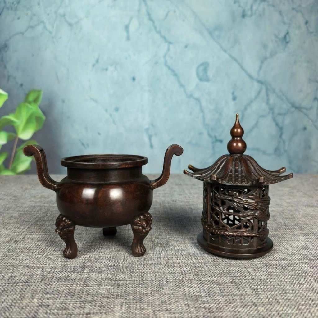  Lư Xông Trầm Bằng Đồng Hình Tháp Lầu Chạm Rồng Cổ Sưu Tầm BKMECN-10307 