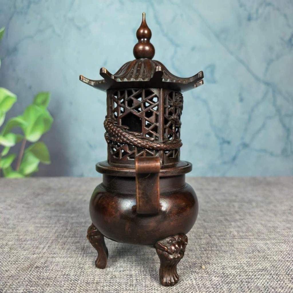  Lư Xông Trầm Bằng Đồng Hình Tháp Lầu Chạm Rồng Cổ Sưu Tầm BKMECN-10307 