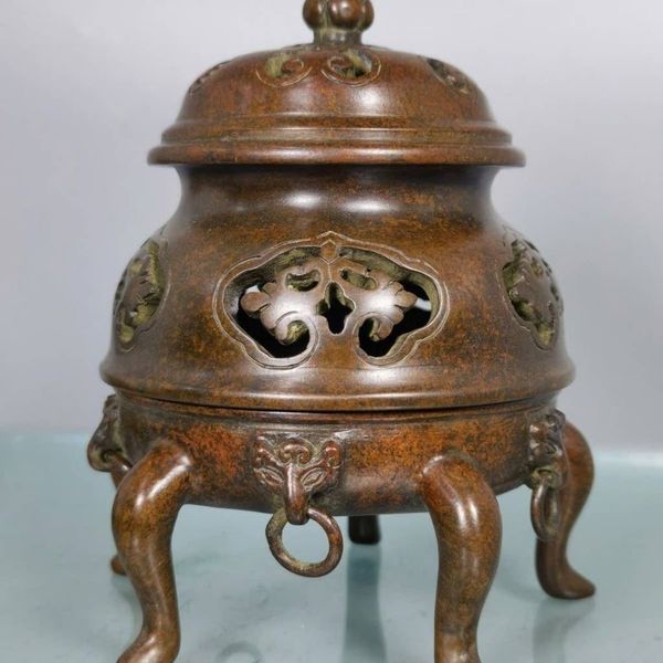  Lư Xông Trầm Đồng Đỏ Giả Cổ Dáng Chân Quỳ Họa Tiết Cổ BKMECN-10365 