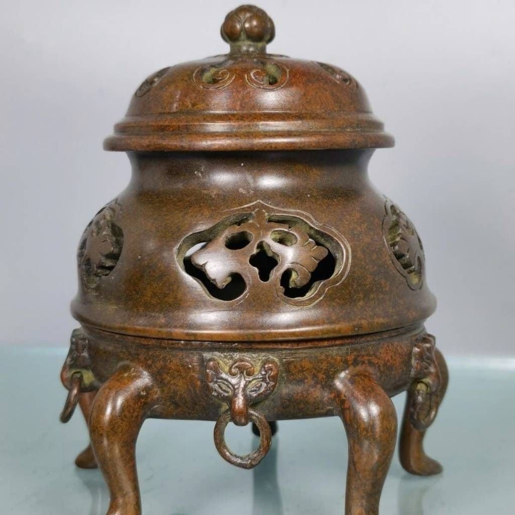  Lư Xông Trầm Đồng Đỏ Giả Cổ Dáng Chân Quỳ Họa Tiết Cổ BKMECN-10365 