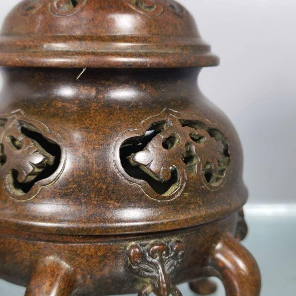  Lư Xông Trầm Đồng Đỏ Giả Cổ Dáng Chân Quỳ Họa Tiết Cổ BKMECN-10365 