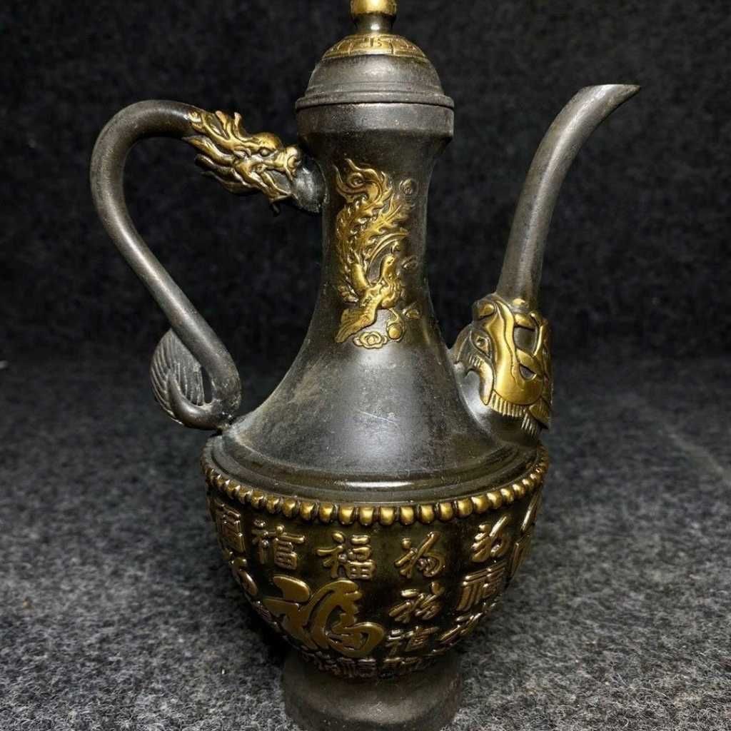  Bộ Quà Tặng Sưu Tầm Ấm Rượu Đồng Tím Chữ “Phúc” & Tượng Phật Đá Ngọc Xanh  BKMECN-10381 