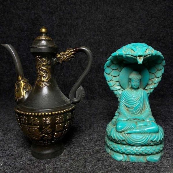  Bộ Quà Tặng Sưu Tầm Ấm Rượu Đồng Tím Chữ “Phúc” & Tượng Phật Đá Ngọc Xanh  BKMECN-10381 