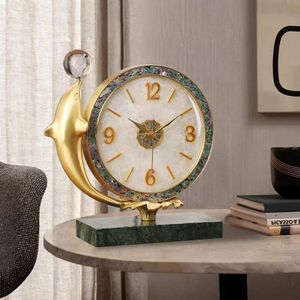  Đồng Hồ Để Bàn Đồng Thau Mạ Vàng Tạo Hình Cá Thần Khảm Xà Cừ BKHFCN-9074 