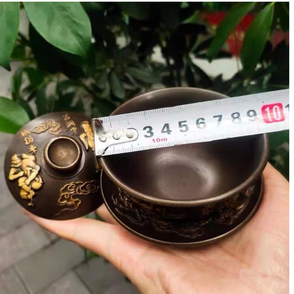  Bát Trà Cung Đình Bằng Đồng Hun Nâu Chạm Nổi Hàn Tương Tử Sưu Tầm BKMECN-10393 