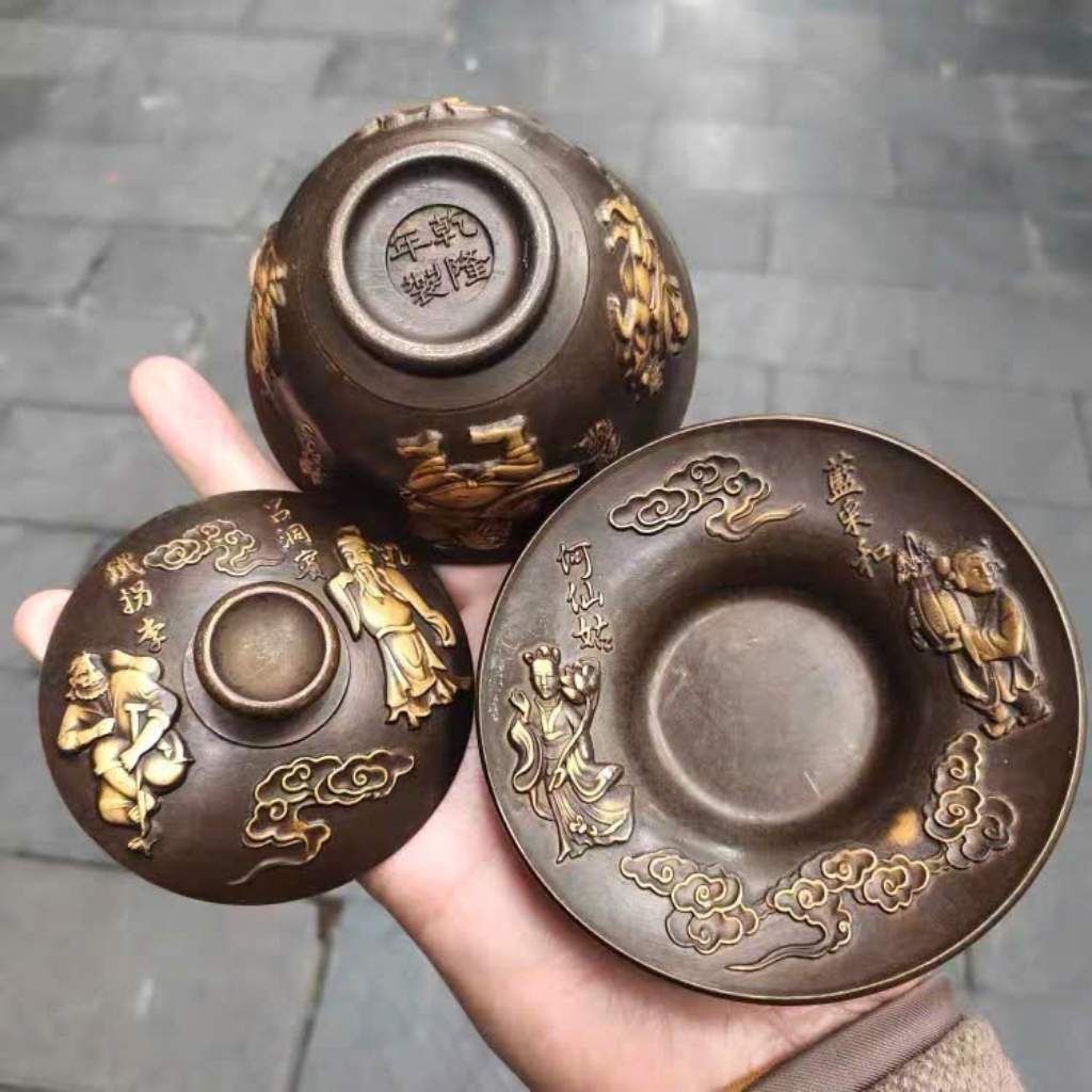  Bát Trà Cung Đình Bằng Đồng Hun Nâu Chạm Nổi Hàn Tương Tử Sưu Tầm BKMECN-10393 