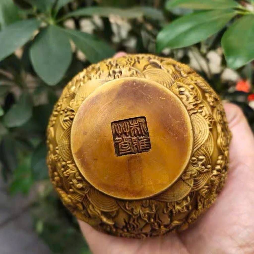  Hũ Trà Bằng Đồng Vàng Chạm Nổi Họa Tiết Lưỡng Long Chầu Nguyệt Sưu Tầm BKMECN-10396 