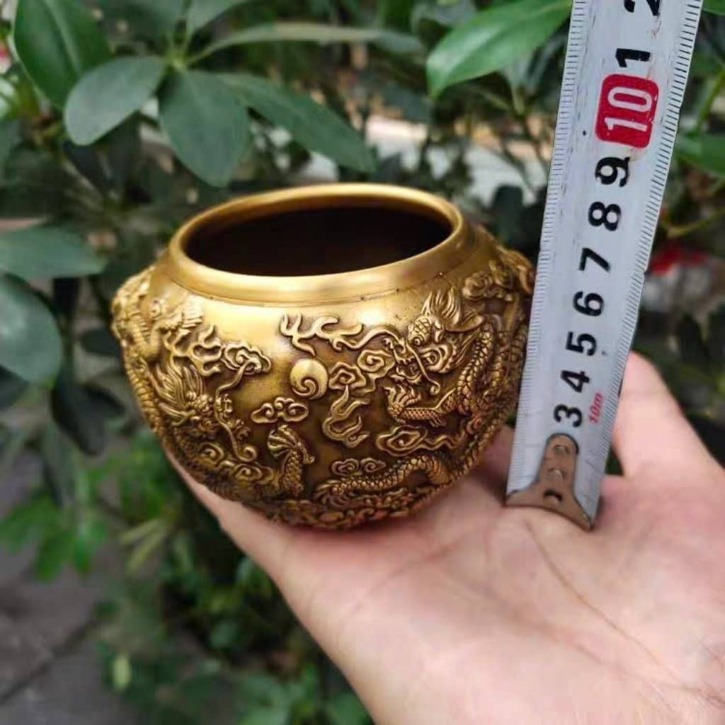  Hũ Trà Bằng Đồng Vàng Chạm Nổi Họa Tiết Lưỡng Long Chầu Nguyệt Sưu Tầm BKMECN-10396 