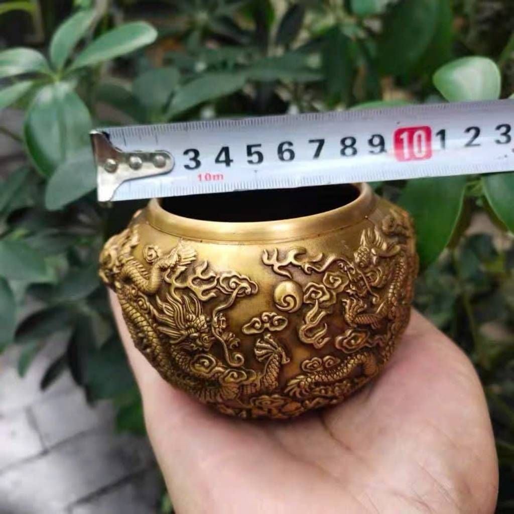  Hũ Trà Bằng Đồng Vàng Chạm Nổi Họa Tiết Lưỡng Long Chầu Nguyệt Sưu Tầm BKMECN-10396 