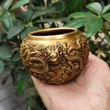  Hũ Trà Bằng Đồng Vàng Chạm Nổi Họa Tiết Lưỡng Long Chầu Nguyệt Sưu Tầm BKMECN-10396 