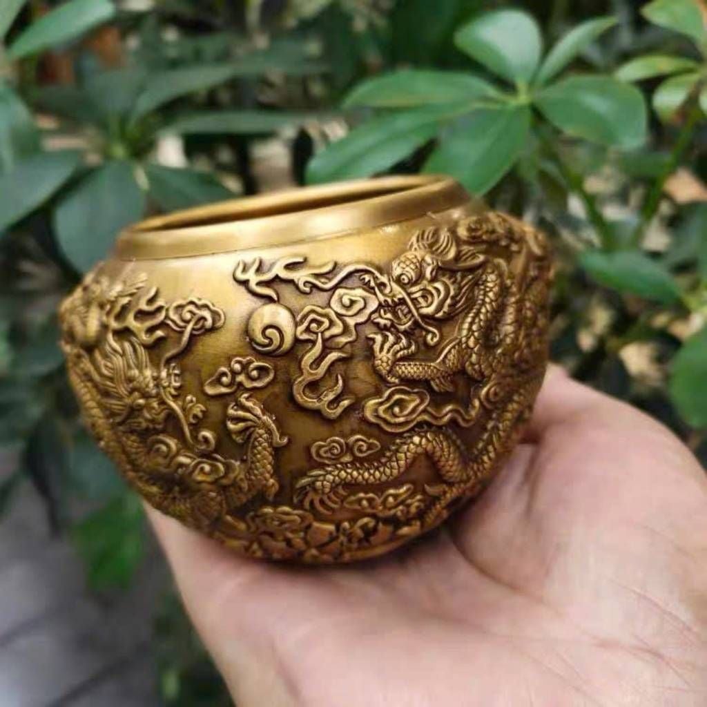  Hũ Trà Bằng Đồng Vàng Chạm Nổi Họa Tiết Lưỡng Long Chầu Nguyệt Sưu Tầm BKMECN-10396 