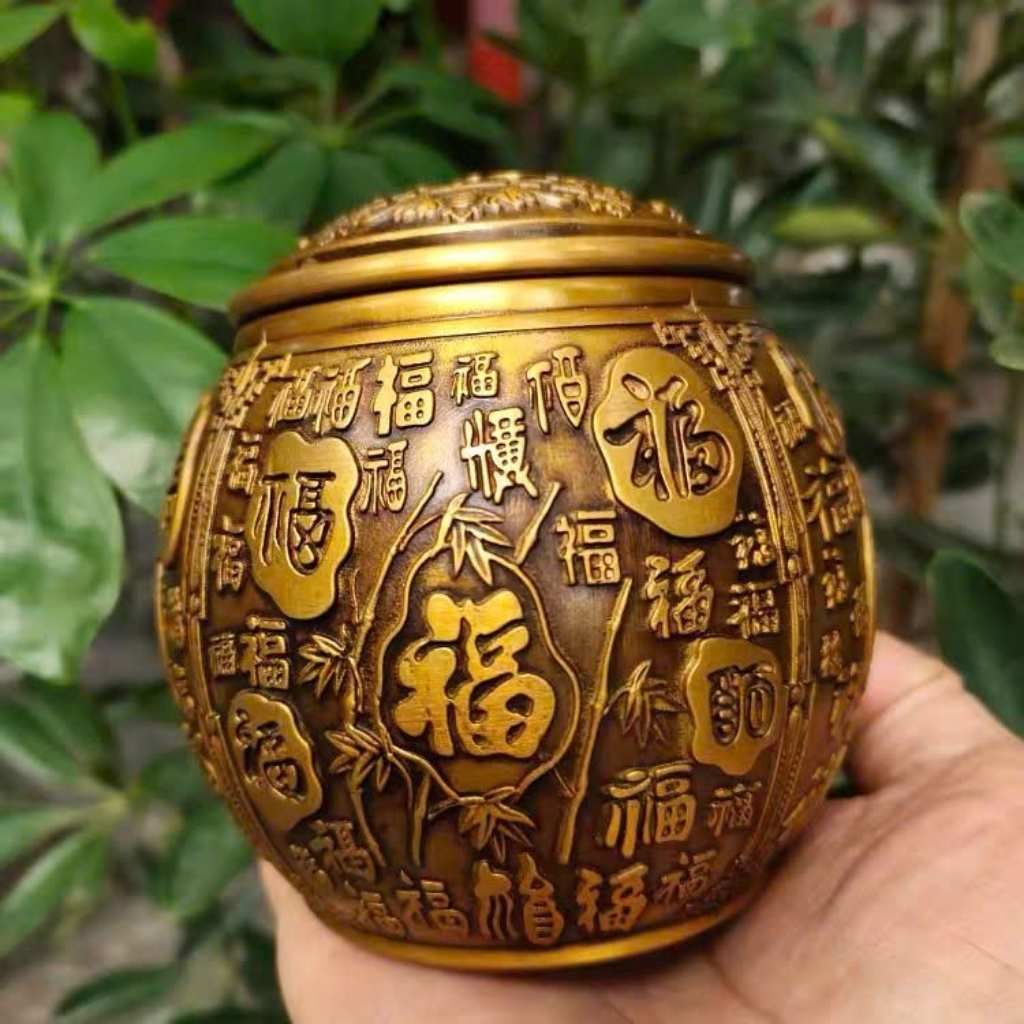  Hũ Trà Đồng Vàng Chạm Nổi Bách Phúc Cổ Điển Sưu Tầm BKMECN-10397 