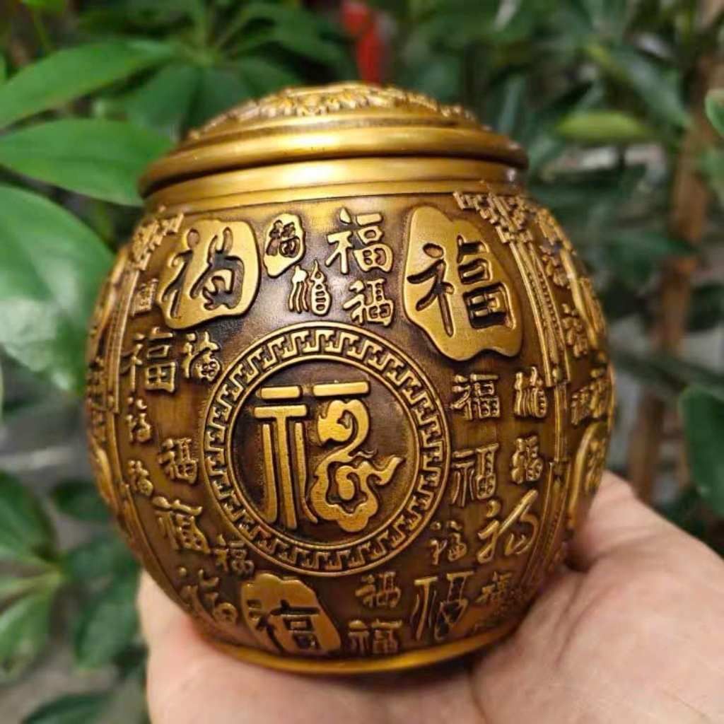  Hũ Trà Đồng Vàng Chạm Nổi Bách Phúc Cổ Điển Sưu Tầm BKMECN-10397 