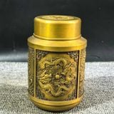  Hũ Trà Bằng Đồng Vàng Dáng Trụ Khắc Phù Điêu Tứ Linh BKMECN-10398 