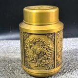  Hũ Trà Bằng Đồng Vàng Dáng Trụ Khắc Phù Điêu Tứ Linh BKMECN-10398 