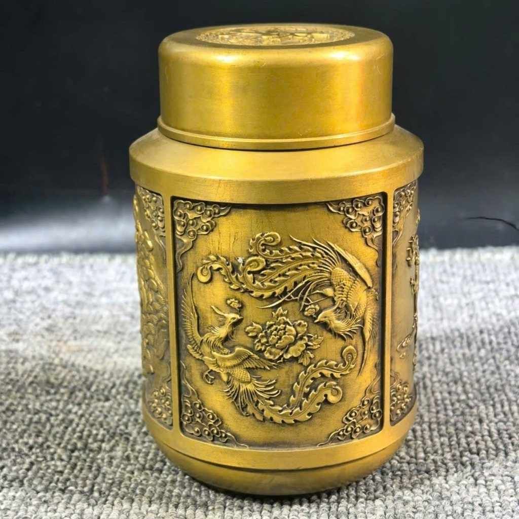  Hũ Trà Bằng Đồng Vàng Dáng Trụ Khắc Phù Điêu Tứ Linh BKMECN-10398 