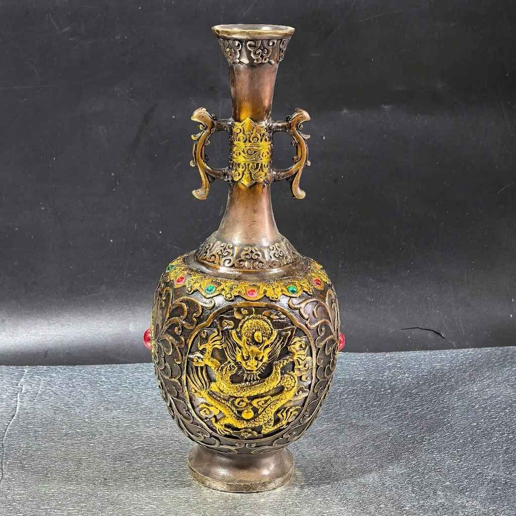  Bình Hoa Bằng Đồng Giả Cổ Khảm Ngọc Chạm Phù Điêu Hoàng Long BKMECN-10399 