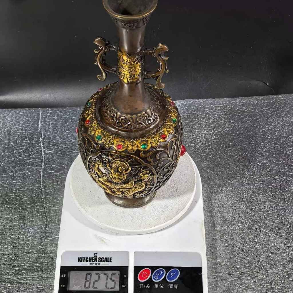  Bình Hoa Bằng Đồng Giả Cổ Khảm Ngọc Chạm Phù Điêu Hoàng Long BKMECN-10399 