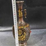  Bình Hoa Bằng Đồng Giả Cổ Khảm Ngọc Chạm Phù Điêu Hoàng Long BKMECN-10399 