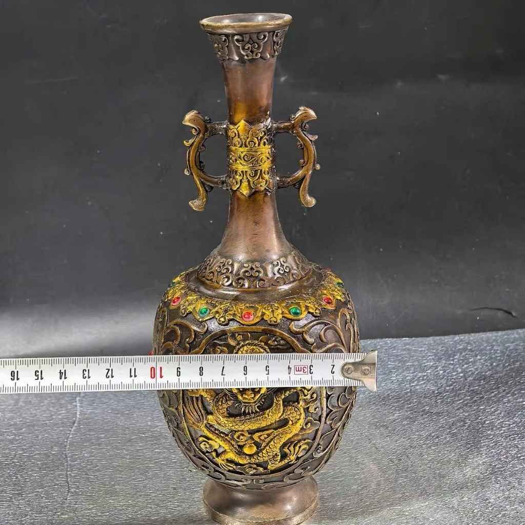  Bình Hoa Bằng Đồng Giả Cổ Khảm Ngọc Chạm Phù Điêu Hoàng Long BKMECN-10399 