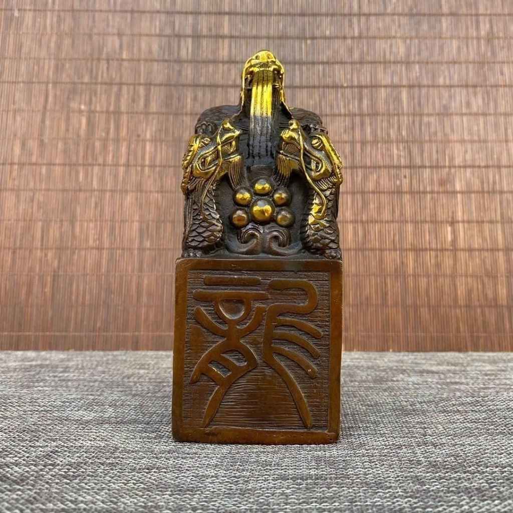  Ấn Triện Tam Long Trầm Hương Bằng Đồng Hun Cổ Điểm Kim BKMECN-10402 