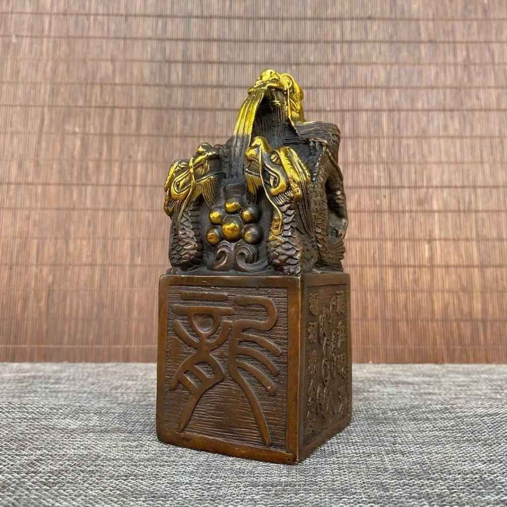  Ấn Triện Tam Long Trầm Hương Bằng Đồng Hun Cổ Điểm Kim BKMECN-10402 