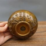  Bát Trà Đồng Vàng Cổ Chạm Nổi Họa Tiết Mai Nhạn Kèm Thơ Thư Pháp BKMECN-10405 