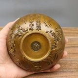  Bát Trà Đồng Vàng Cổ Chạm Nổi Họa Tiết Mai Nhạn Kèm Thơ Thư Pháp BKMECN-10405 