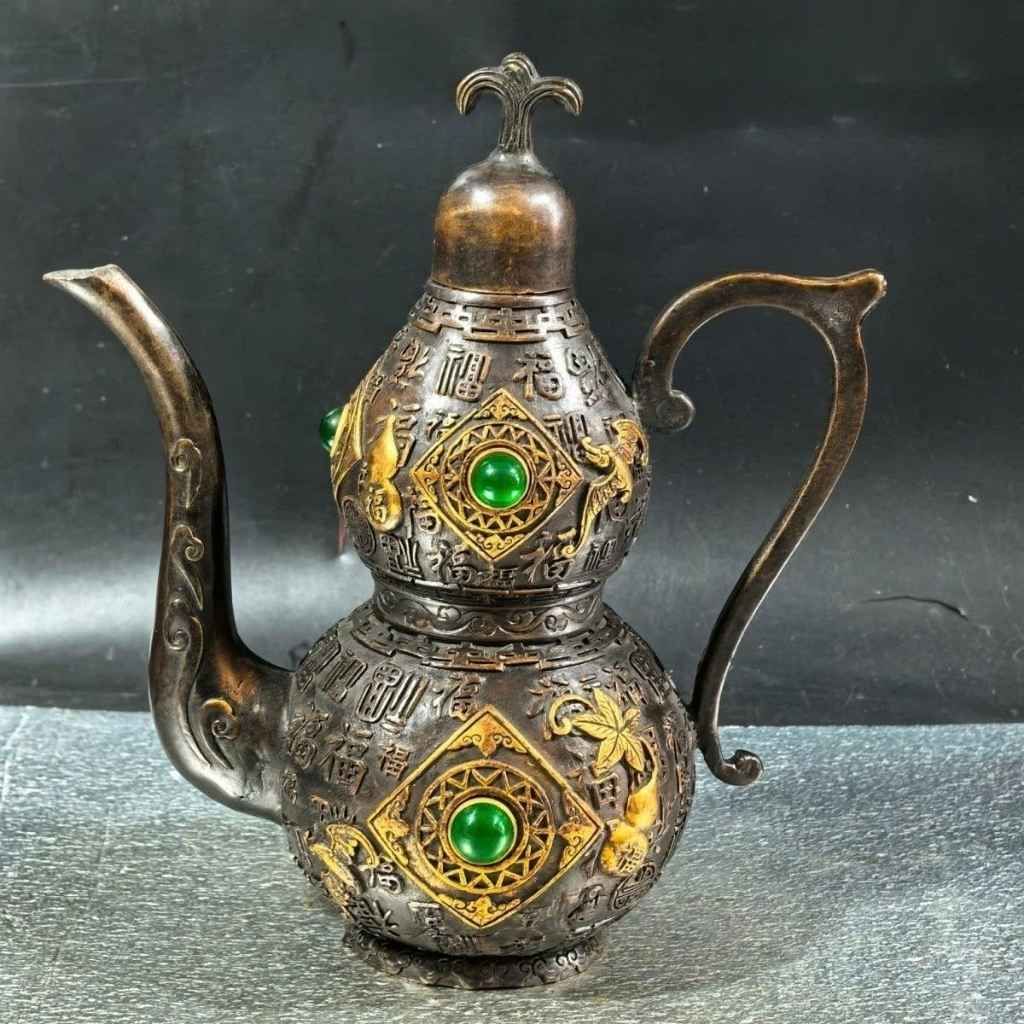  Bình Hồ Lô Đồng Hun Khảm Ngọc Bích Điểm Sắc Vàng Chạm Chữ Bách Phúc BKMECN-10408 