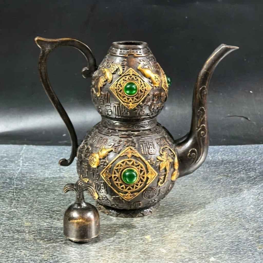  Bình Hồ Lô Đồng Hun Khảm Ngọc Bích Điểm Sắc Vàng Chạm Chữ Bách Phúc BKMECN-10408 
