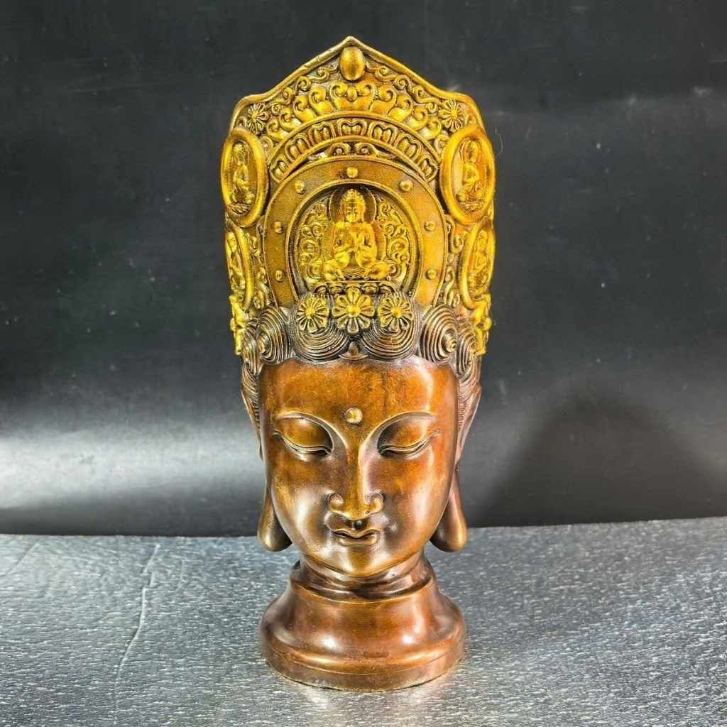  Tượng Đầu Phật Bà Quan Âm Đội Mão Ngũ Trí Bằng Đồng Hun  BKMECN-10409 