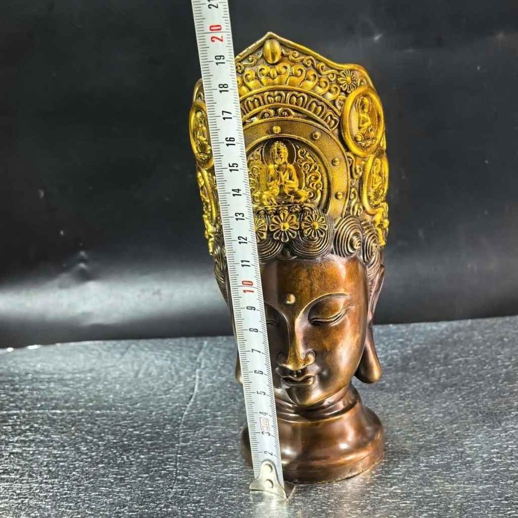  Tượng Đầu Phật Bà Quan Âm Đội Mão Ngũ Trí Bằng Đồng Hun  BKMECN-10409 