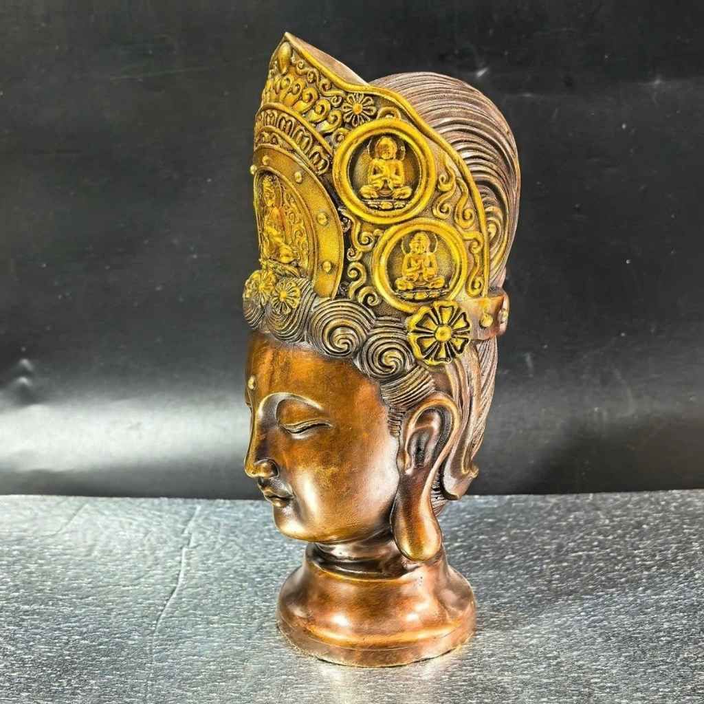  Tượng Đầu Phật Bà Quan Âm Đội Mão Ngũ Trí Bằng Đồng Hun  BKMECN-10409 