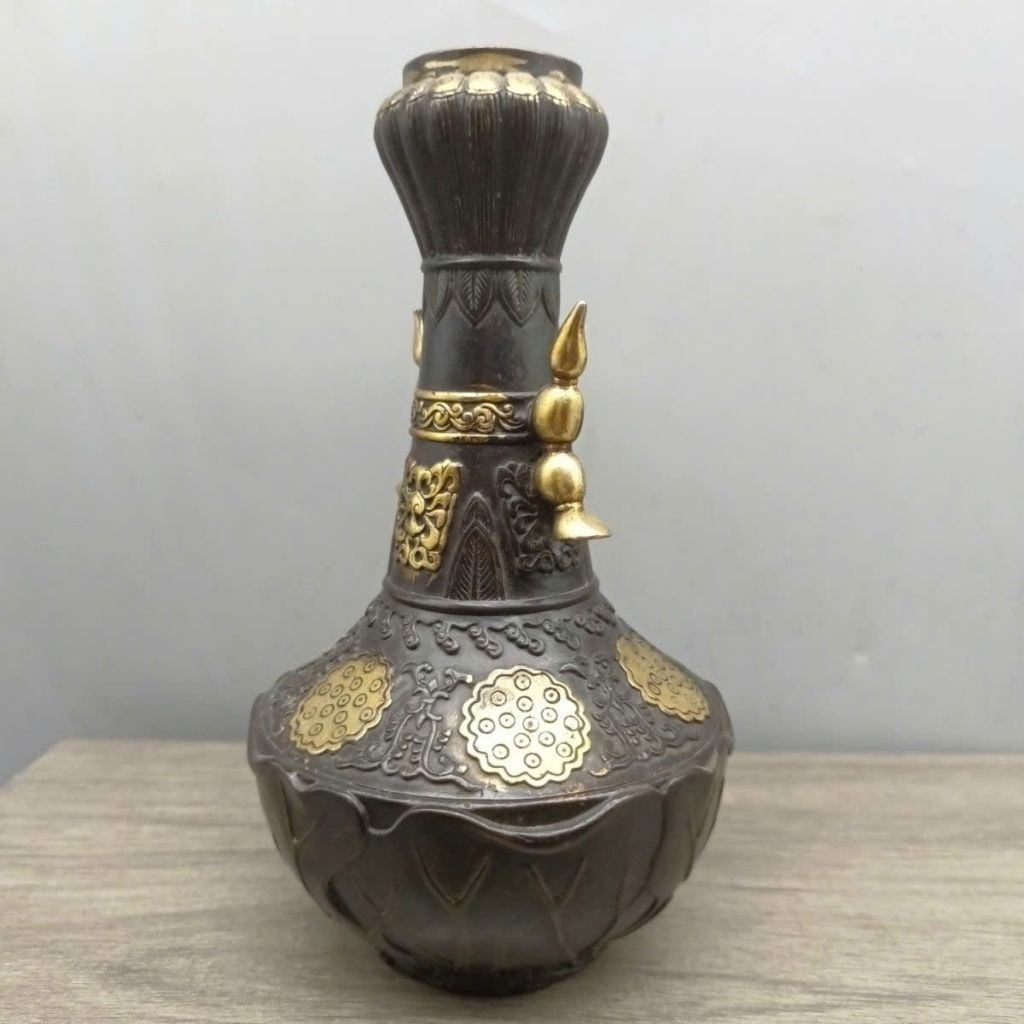  Bình Hoa Đồng Hun Nâu Cổ Điểm Kim Hai Tai Quai BKMECN-10412 