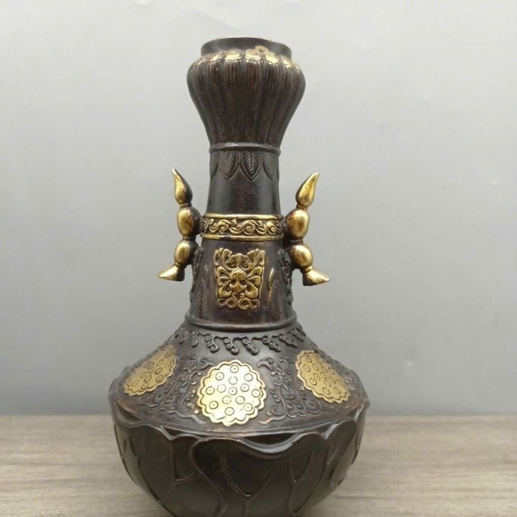  Bình Hoa Đồng Hun Nâu Cổ Điểm Kim Hai Tai Quai BKMECN-10412 