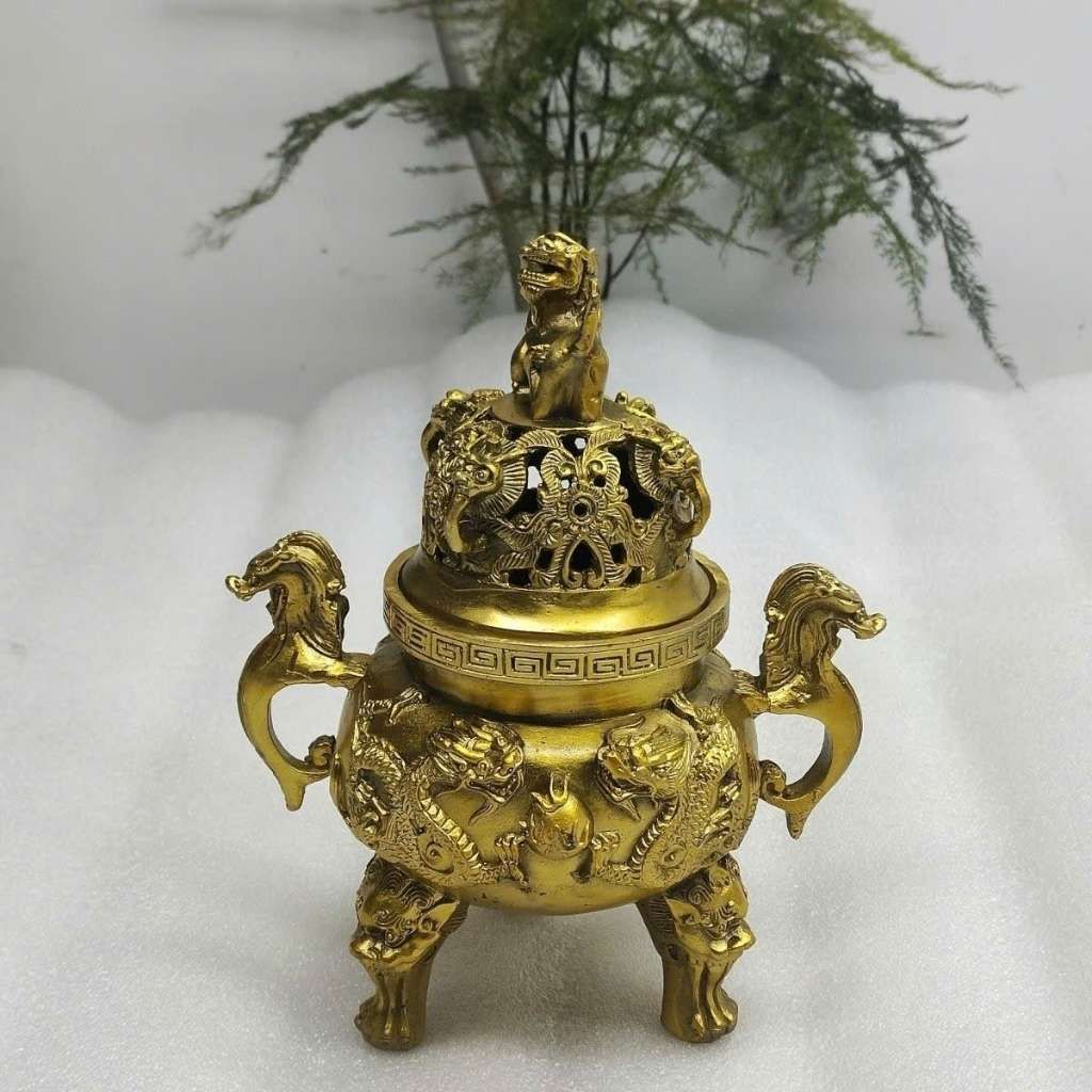  Lư Đốt Trầm Bằng Đồng Vàng Hoàng Gia Núm Nghê BKMECN-10416 
