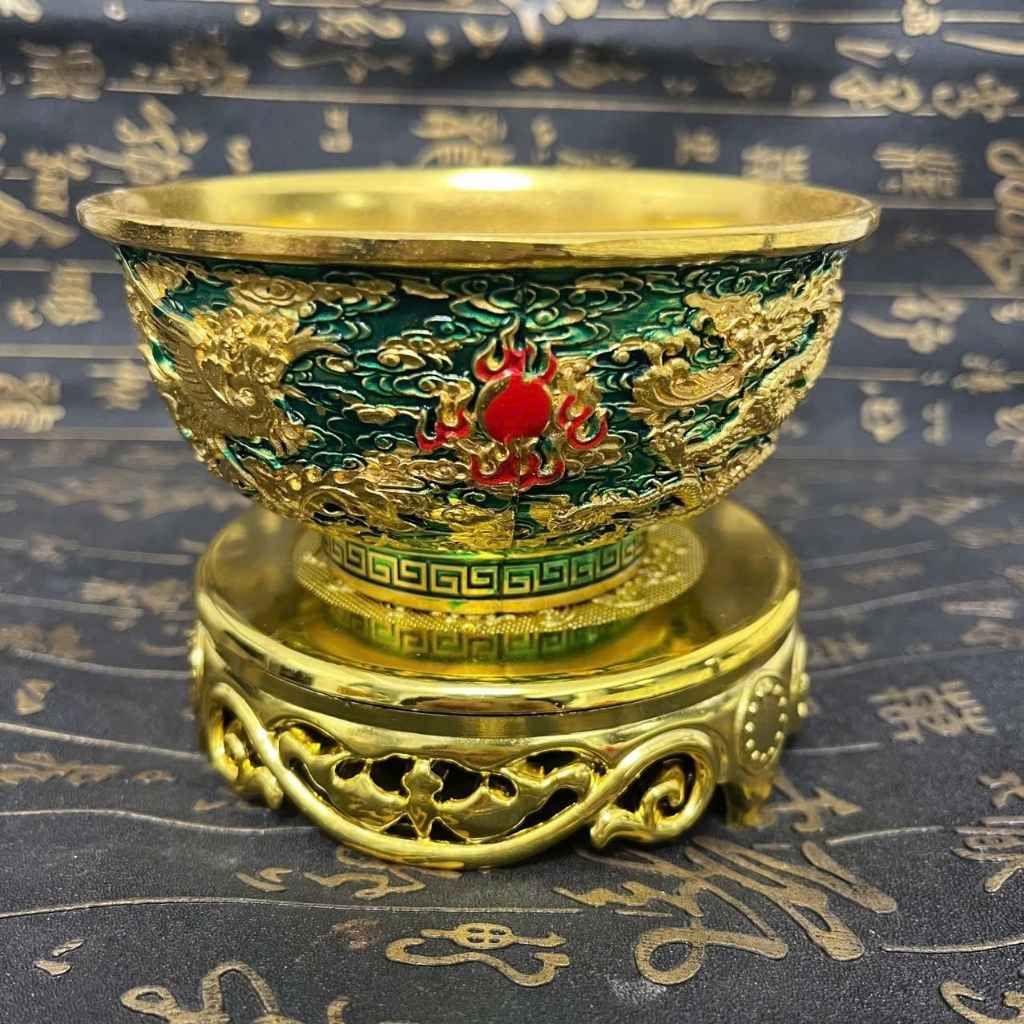  Bát Đồng Mạ Vàng Cổ Điển Long Phượng Men Xanh Lục Bảo Kèm Đế BKMECN-10421 