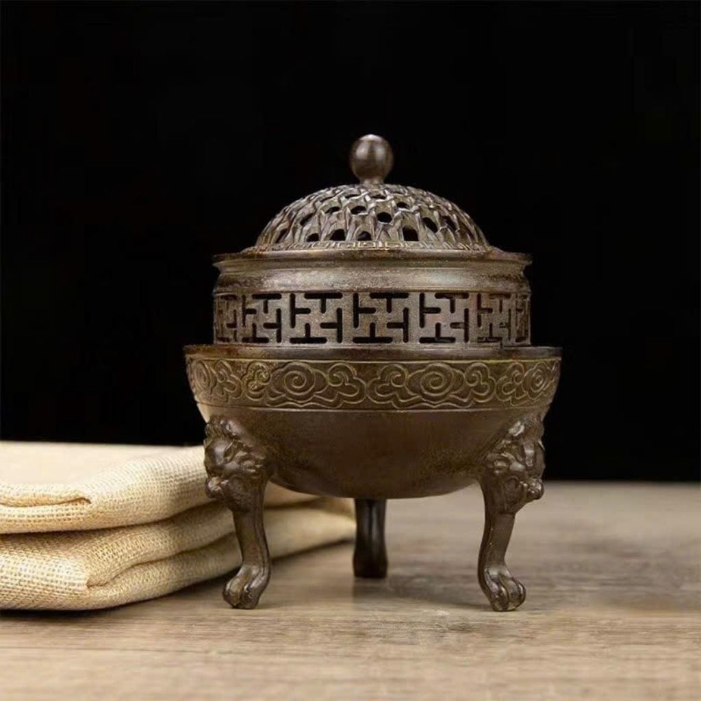 Lư Đốt Trầm Bằng Đồng Hun Giả Cổ Dáng Chân Quỳ Mặt Nghê BKMECN-10422 