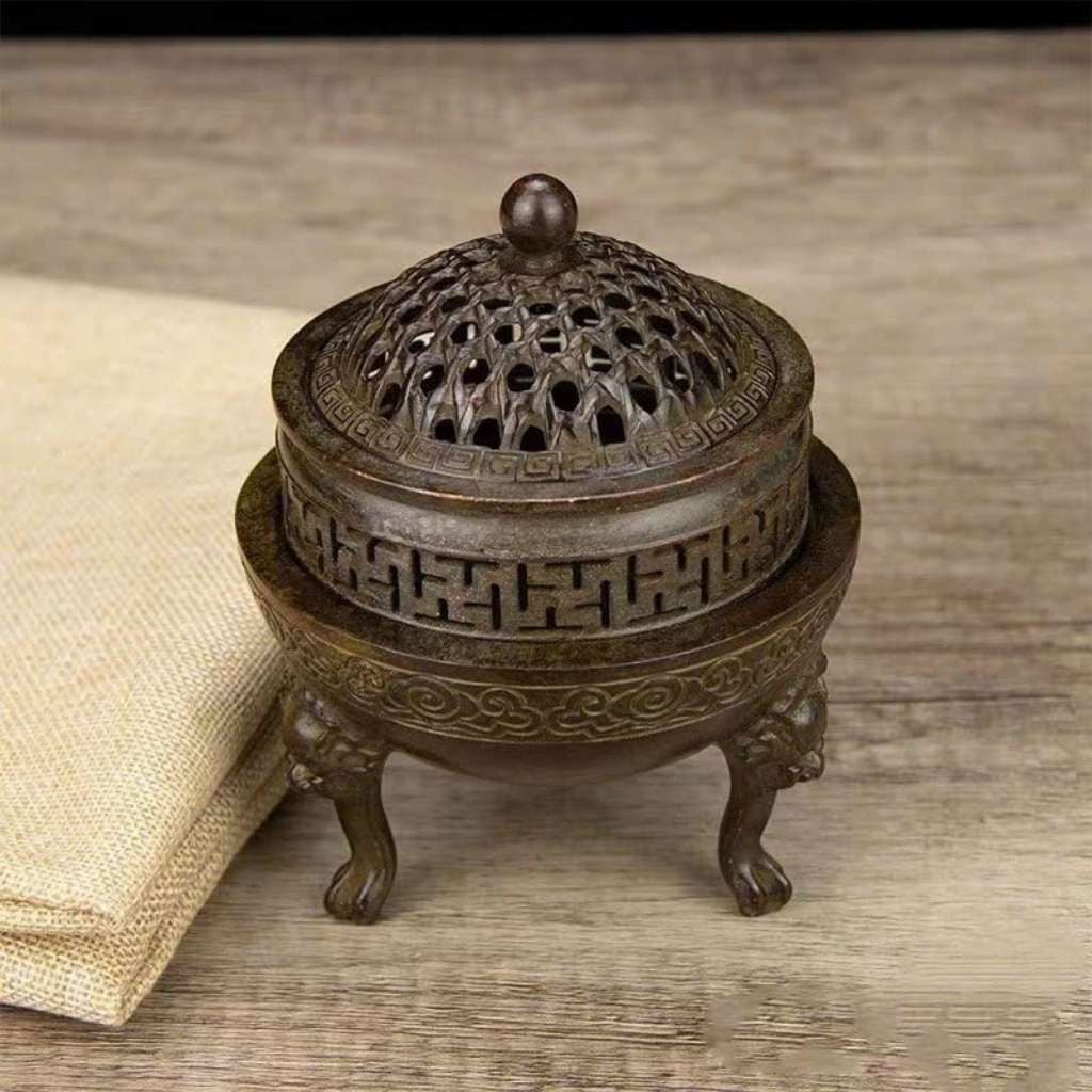  Lư Đốt Trầm Bằng Đồng Hun Giả Cổ Dáng Chân Quỳ Mặt Nghê BKMECN-10422 