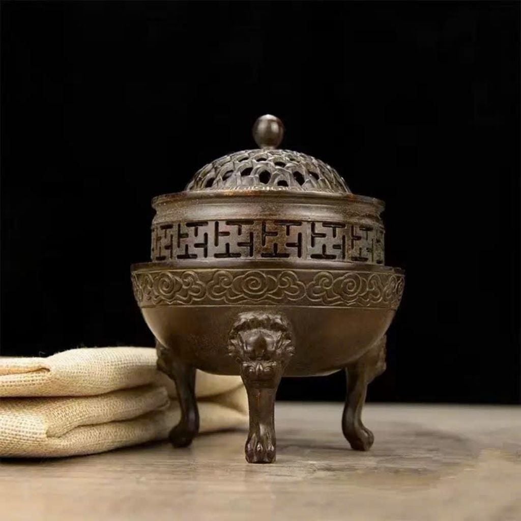  Lư Đốt Trầm Bằng Đồng Hun Giả Cổ Dáng Chân Quỳ Mặt Nghê BKMECN-10422 