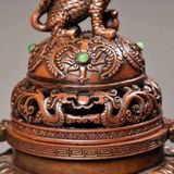 Lư Đốt Trầm Bằng Đồng Đỏ Hun Cổ Dáng Chân Quỳ Núm Kỳ Lân Cạm Ngọc BKMECN-10428 