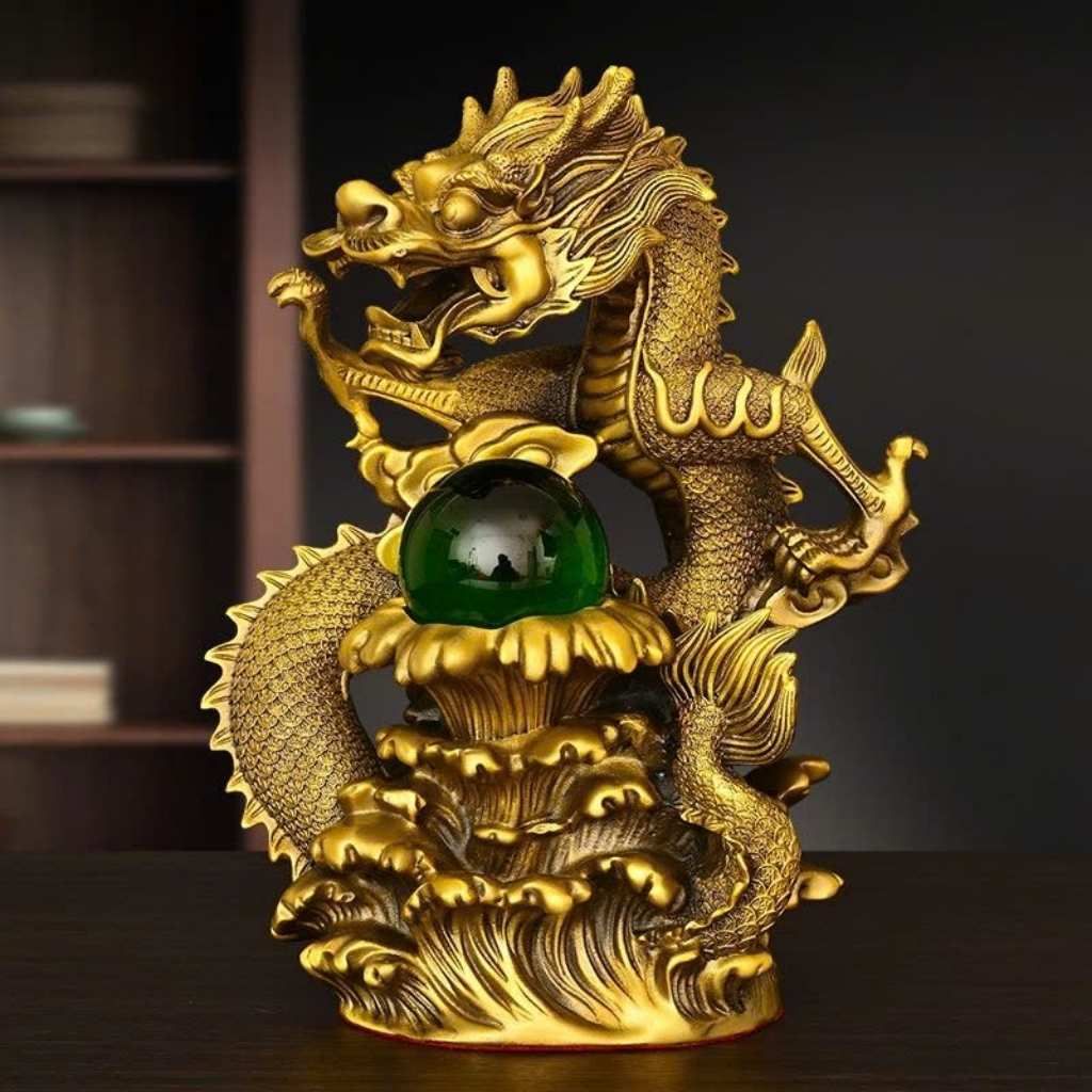  Tượng Rồng Vờn Ngọc Bằng Đồng Vàng Nguyên Khối BKMECN-10431 
