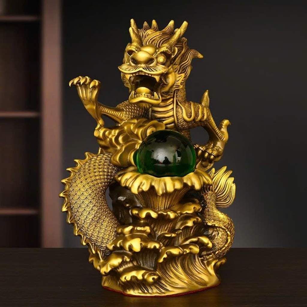  Tượng Rồng Vờn Ngọc Bằng Đồng Vàng Nguyên Khối BKMECN-10431 